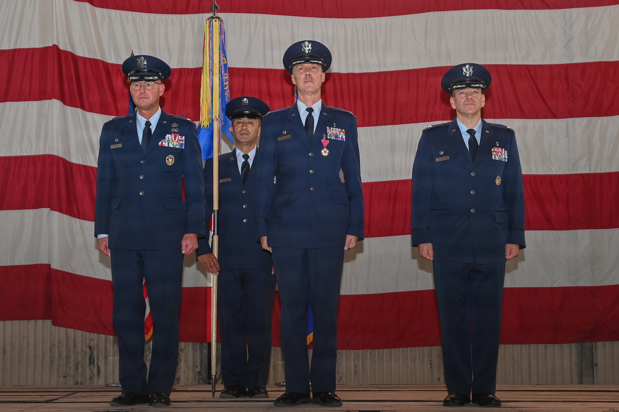 Left to right, U.S. Air Force Col. Justin D. Secrest, 377th Air Base Wing and installation commander, Col. Steven M. Fox, outgoing Kirtland Medical Group commander, and Col. Cody J. Hess, incoming Kirtland Medical Group commander, prepare for the change of command ceremony at Kirtland Air Force Base.