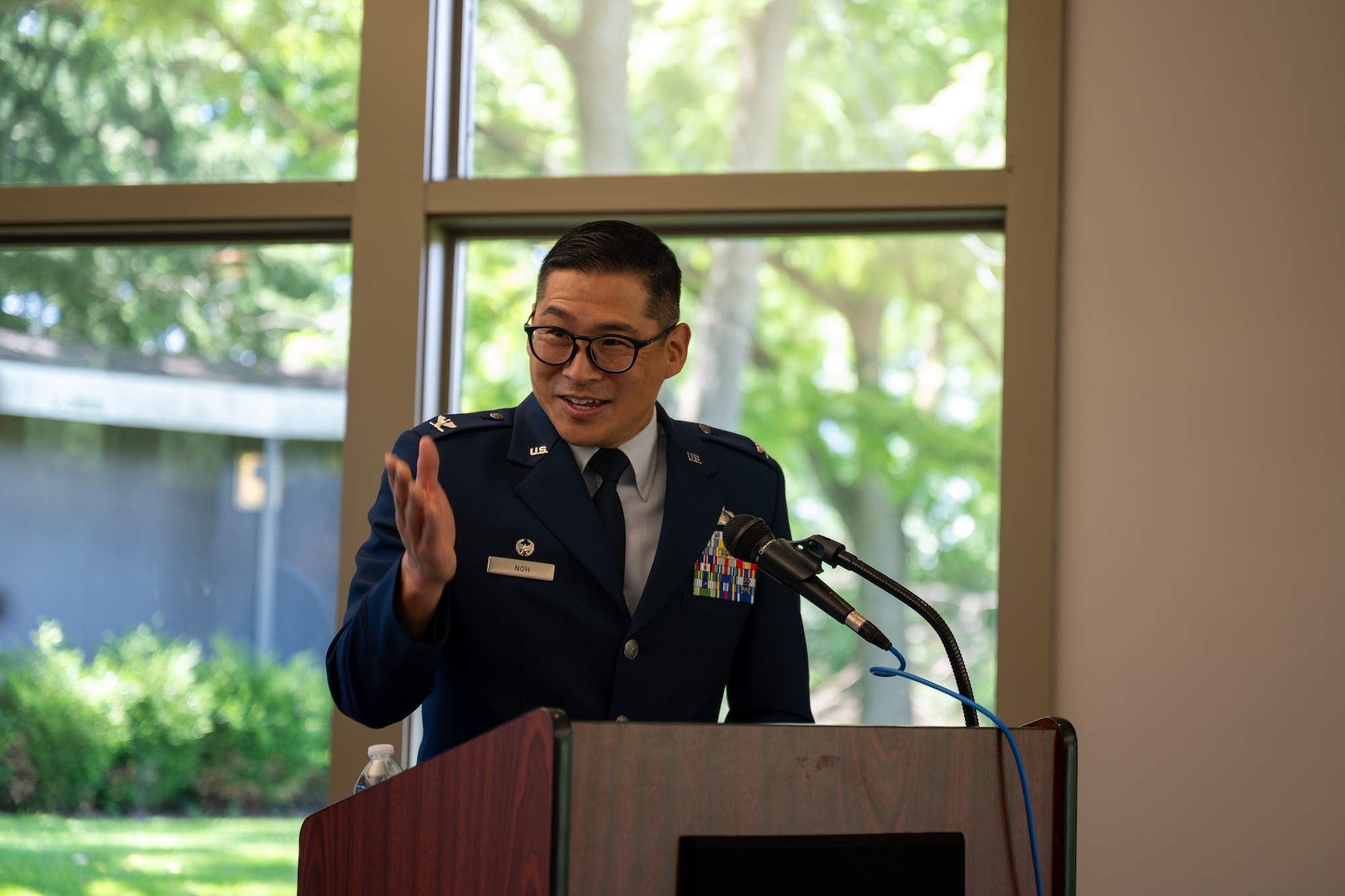 Col. Gene Noh, Forces and Technologies Intelligence Group commander, delivers remarks during the Electromagnetic Systems Analysis Squadron change of command ceremony at Wright-Patterson Air Force Base, Ohio, June 24, 2026. Noh presided over the ceremony where Lt. Col. Lloyd Hutton assumed command from Lt. Col. Evan Carlson. (U.S. Air Force photo by Staff Sgt. Kristof J. Rixmann)