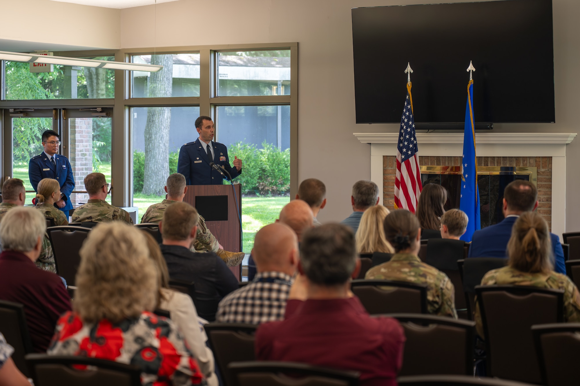 Lt. Col. Lloyd Hutton, Electromagnetic Systems Analysis Squadron incoming commander, delivers his first address to the squadron during a change of command ceremony at Wright-Patterson Air Force Base, Ohio, June 24, 2026. During his remarks, Hutton outlined his vision for the squadron's continued focus on delivering critical electromagnetic and cyber intelligence on foreign systems. (U.S. Air Force photo by Staff Sgt. Kristof J. Rixmann)