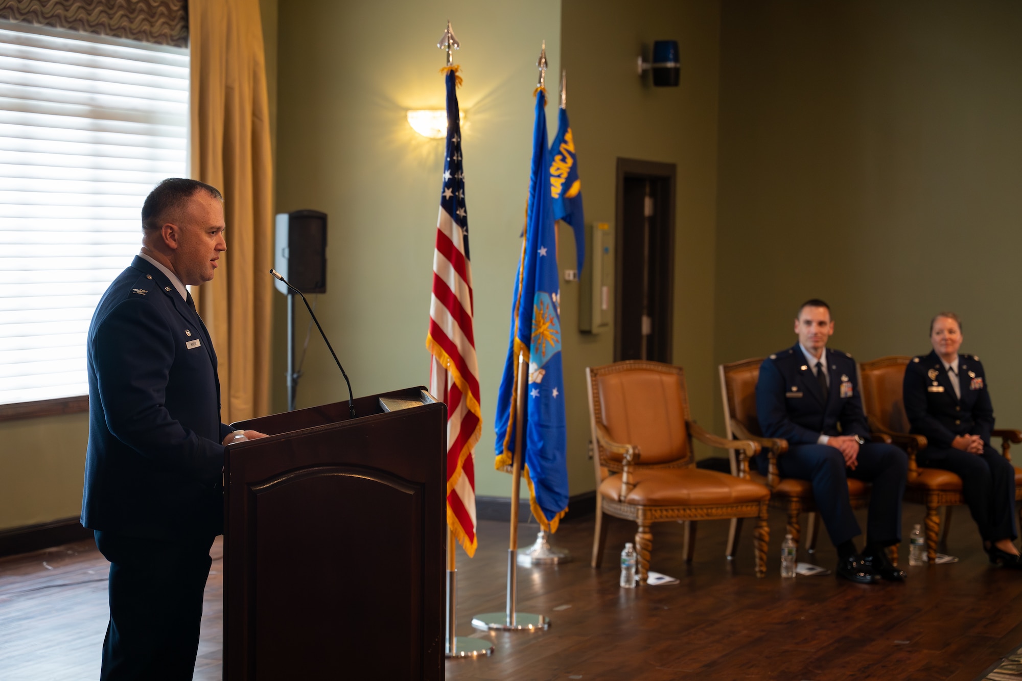 Col. John M. Minear, Networked Weapons and Modeling Intelligence Group commander, delivers remarks during the Integrated Command, Control, Communications, Computers, Intelligence, Surveillance, and Reconnaissance Analysis Squadron change of command ceremony at Wright-Patterson Air Force Base, Ohio, June 29, 2026. Minear presided over the ceremony where Lt. Col. Cara Treadwell assumed command of the squadron from the outgoing commander, Lt. Col. Joshua Clayton. (U.S. Air Force photo by Staff Sgt. Kristof J. Rixmann)