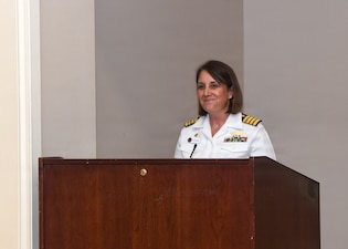 Naval Medical Center Camp Lejeune Director Capt. Kathryn Stewart provides remarks at the Naval Medical Center Camp Lejeune Family Medicine Residency and Sports Medicine Fellowship graduation ceremony on June 30, 2026. The program graduated 10 family medicine residents, 12 family medicine interns, and two sports medicine fellows for Navy Medicine.
