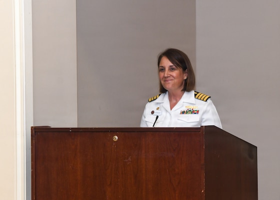 Naval Medical Center Camp Lejeune Director Capt. Kathryn Stewart provides remarks at the Naval Medical Center Camp Lejeune Family Medicine Residency and Sports Medicine Fellowship graduation ceremony on June 30, 2026. The program graduated 10 family medicine residents, 12 family medicine interns, and two sports medicine fellows for Navy Medicine.