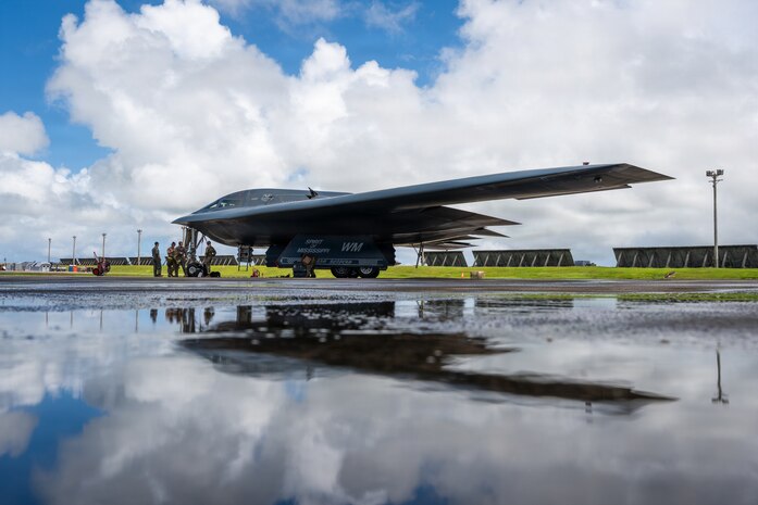 A U.S. Air Force B-2 Spirit aircraft is parked on the flight line at Andersen Air Force Base, Guam in support of Valiant Shield, June 27, 2026.
