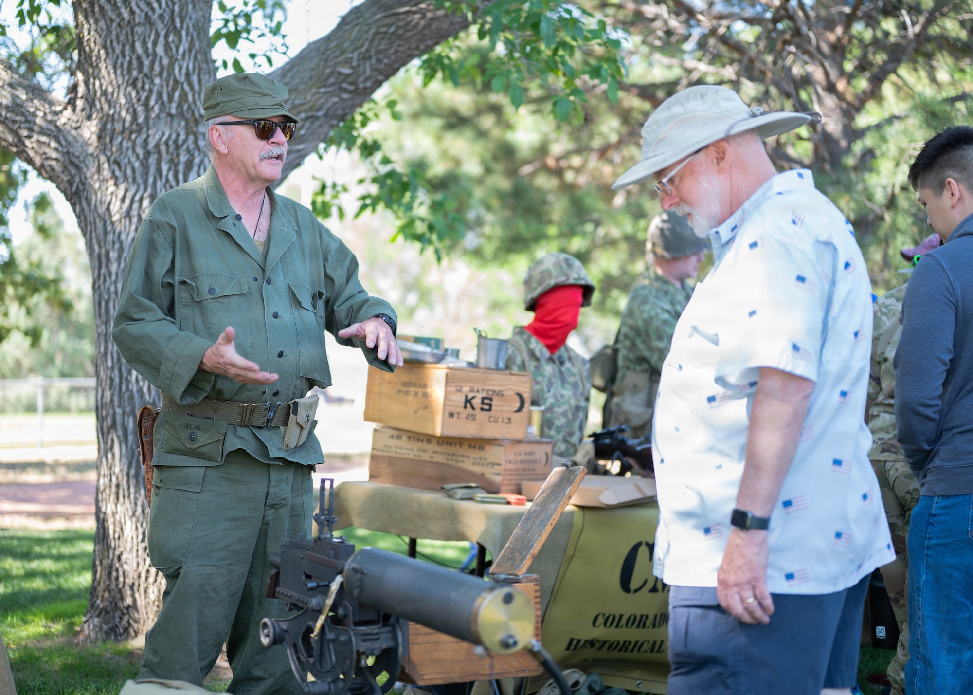Volunteers showcase military equipment during the Freedom 250 Independence Day Celebration at Peterson Space Force Base, July 2, 2026.