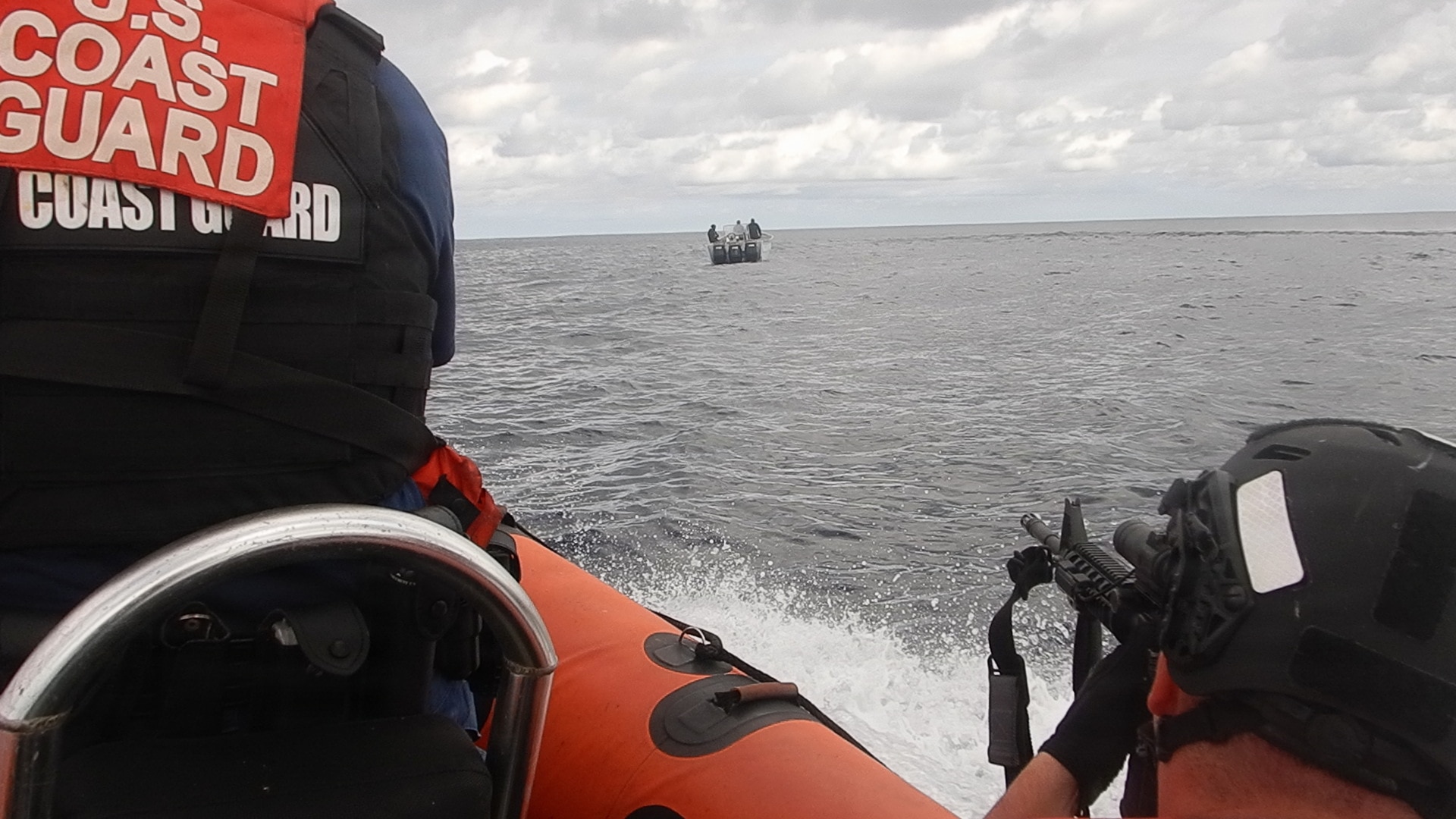 A boarding team from the Coast Guard Cutter Bear (WMEC 901) interdicts a suspected drug-smuggling vessel while patrolling the Eastern Pacific Ocean, June 12, 2026. Conducting the boarding in support of Operation PACIFIC VIPER, the team pushed the operation’s total seized narcotics to over 225,000 pounds since August 2025. (U.S. Coast Guard photo)
