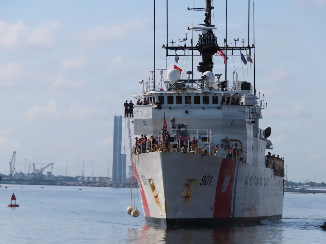 Coast Guard Cutter Bear (WMEC 901) prepares to moor to the pier in Portsmouth, Virginia June 30, 2026. The Bear's crew deployed in support of Joint Interagency Task Force - South and conducted counter-drug missions in the Eastern Pacific. (U.S. Coast Guard photo)
