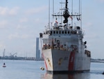 Coast Guard Cutter Bear (WMEC 901) prepares to moor to the pier in Portsmouth, Virginia June 30, 2026. The Bear's crew deployed in support of Joint Interagency Task Force - South and conducted counter-drug missions in the Eastern Pacific. (U.S. Coast Guard photo)