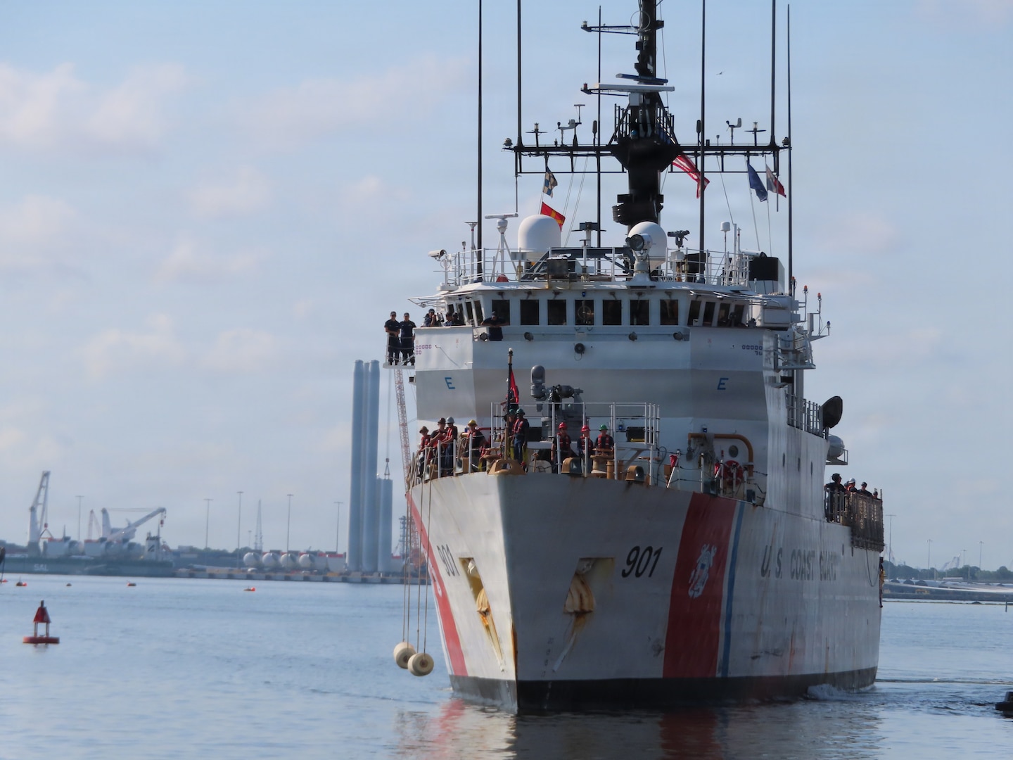 Coast Guard Cutter Bear (WMEC 901) prepares to moor to the pier in Portsmouth, Virginia June 30, 2026. The Bear's crew deployed in support of Joint Interagency Task Force - South and conducted counter-drug missions in the Eastern Pacific. (U.S. Coast Guard photo)