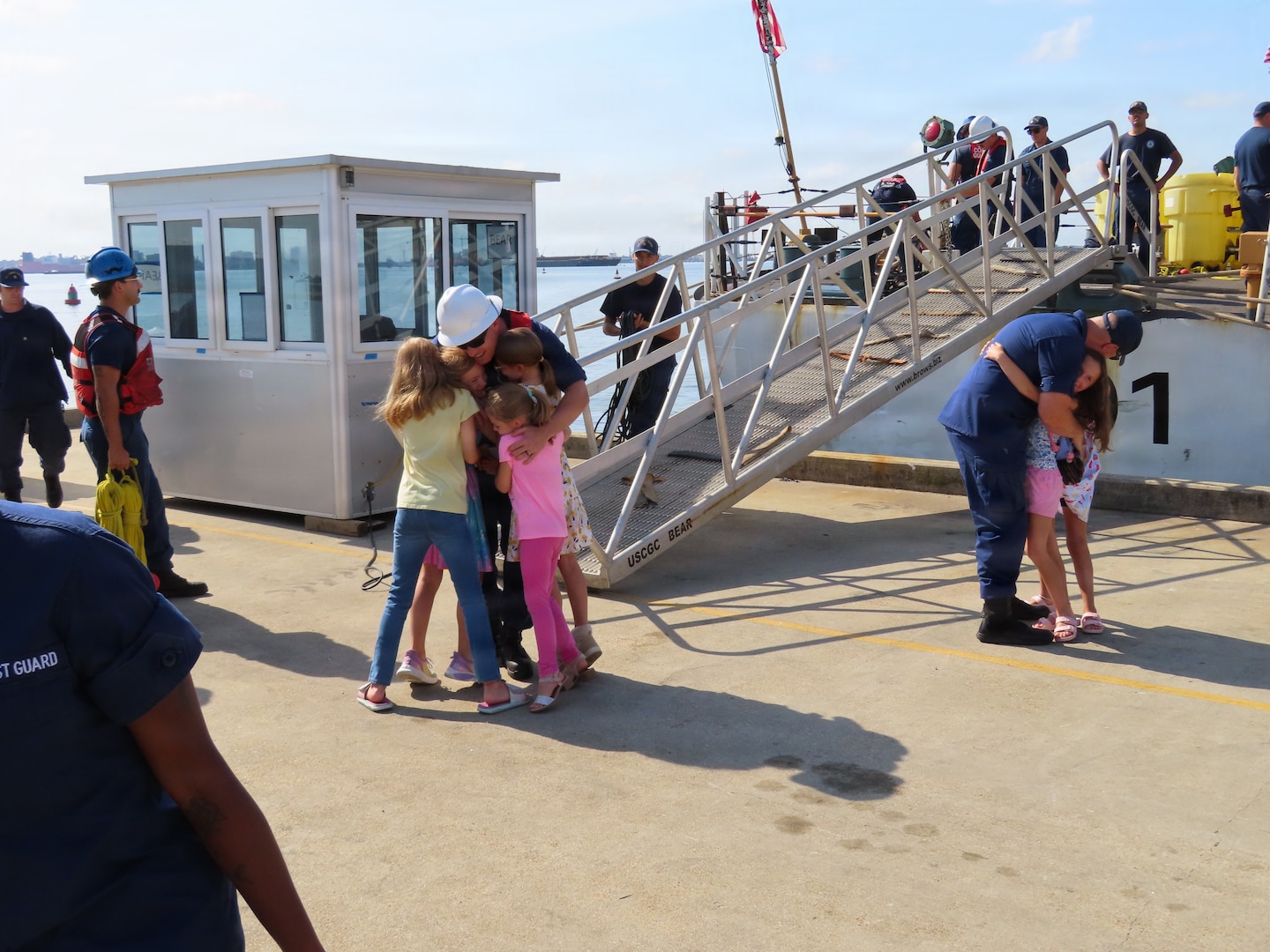 Coast Guard Cutter Bear's crew members reunite with their families after a 74-day deployment in Portsmouth, Virginia June 30, 2026. The Bear's crew depoyed in support of Joint Interagency Task Force - South and conducted counter-drug missions in the Eastern Pacific. (U.S. Coast Guard photo)