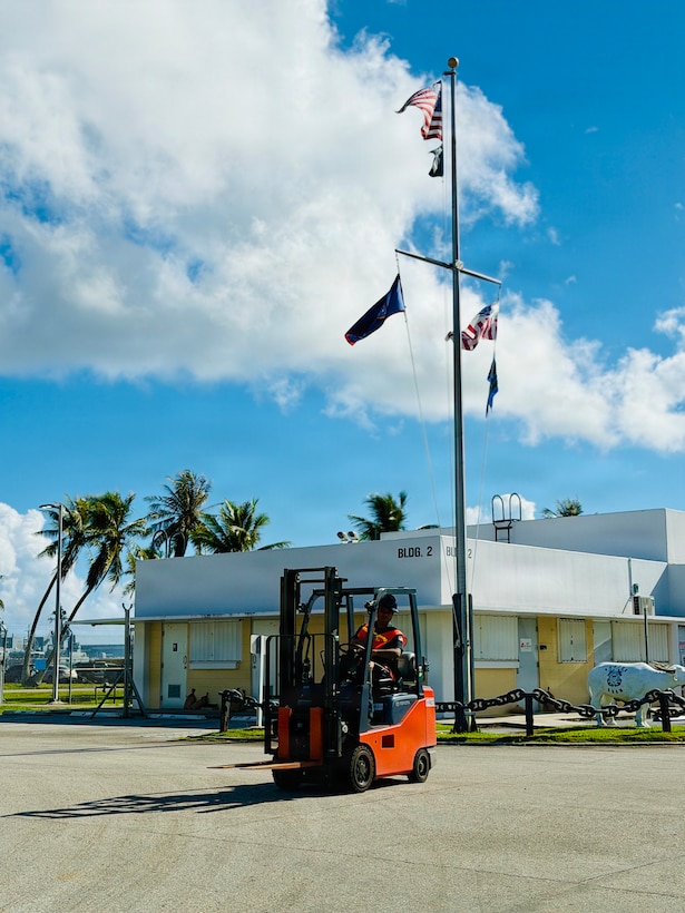 U.S. Coast Guard crews in Guam prepare for Typhoon Bavi (09W) on July 2, 2026, now forecast to rapidly intensify as it tracks toward the Marianas. The team continues to secure the base, haul out and trailer the small boats at the station, and prepare cutters to get underway ahead of the storm. Cutters depart to ride out the weather safely and return to respond once it's safe, but that means on-water response is reduced before, during, and right after Bavi. (U.S. Coast Guard photo by Lt. Sara Muir)