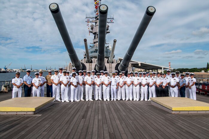 Multinational senior enlisted leaders pose for a photograph during a tour of the Battleship Missouri Memorial on Ford Island, Joint Base Pearl Harbor-Hickam, Hawaii, during Exercise Rim of the Pacific 2026, June 30, 2026.
