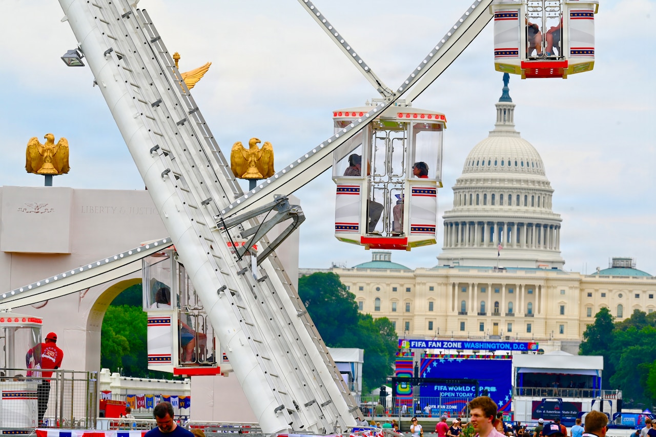 A Ferris wheel appears in front of the U.S. Capitol dome.