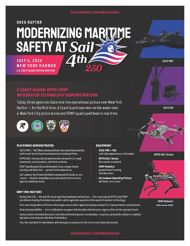 The U.S. Coast Guard, New York Police Department and Fire Department of New York will conduct a live technology demonstration over New York Harbor from 9 to 11 a.m. Monday, July 6, showcasing the first operational integration of maritime, aerial and ground platforms into a shared common operating picture. The event highlights how interoperable technology enables faster decision-making and strengthens public safety during Sail250, the largest peacetime gathering of international tall ships and naval vessels in U.S. history.