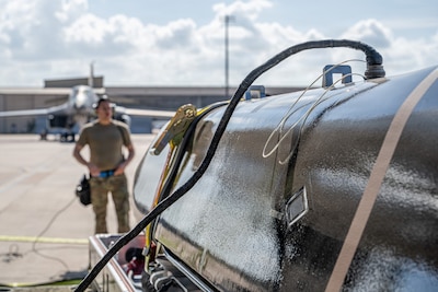 An Airman works on the flightline