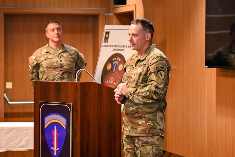 Command Sgt. Maj. Mullinax, the senior enlisted leader for the U.S. Army Europe and Africa G-4, delivers remarks during the Logistics Excellence Award Ceremony in Wiesbaden, Germany, June 12, 2026. The ceremony recognized Soldiers and Civilians from across the theater for their outstanding achievements in logistics, maintenance, and environmental stewardship, underscoring their critical role in maintaining Army readiness. (U.S. Army photo by Mr. Nathaniel Petraitis)