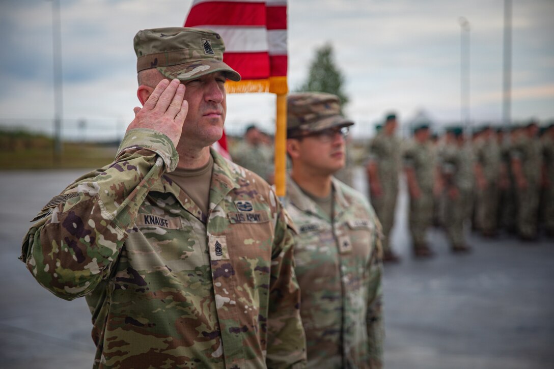 U.S. Army Command Sgt. Maj. Charles Knauff, the command sergeant major of the 16th Engineer Battalion, renders a salute during an Independence Day celebration at Pabradė Training Area, Lithuania, July 3, 2026. The salute was rendered during the playing of the National anthem of the United States as part of a ceremony marking the 250th anniversary of the United States’ independence and Lithuanian Statehood Day Celebration, observed July 6 in commemoration of the 1253 coronation of King Mindaugas. V Corps is the U.S. Army's only forward-deployed corps, serving as the senior tactical headquarters for Army forces in Eastern Europe to deter conflict and provide combat-ready forces alongside our NATO Allies. V Corps is operationalizing and expanding the Eastern Flank Deterrence Initiative with Allies, rapidly integrating emerging technologies into training and tactical plans.