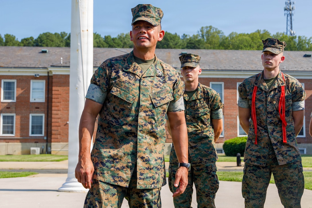 U.S. Marine Corps Sgt. Maj. Carlos A. Ruiz, the 20th sergeant major of the Marine Corps, gives a speech after a promotion ceremony at Lejeune Hall on Marine Corps Base Quantico, Virginia, July 1, 2026. Ruiz visited MCB Quantico and participated as the senior enlisted leader for a promotion ceremony. (U.S. Marine Corps photo by Lance Cpl. Lynsee Avila-Ramirez)