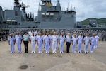 Heads of delegation representing the United States, Thailand, and Canada pose for a photo during the opening ceremony of exercise Cooperation Afloat Readiness and Training (CARAT) Thailand 2026, July 6, 2026, at Laem Tian Pier.