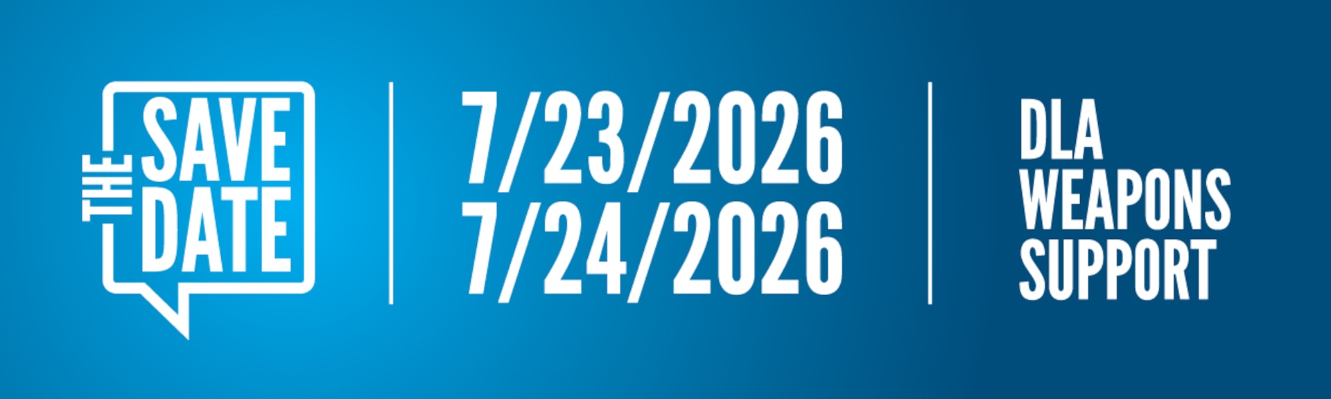 Blue Save the Date graphic with DLA Weapons Support on the right and two dates in center