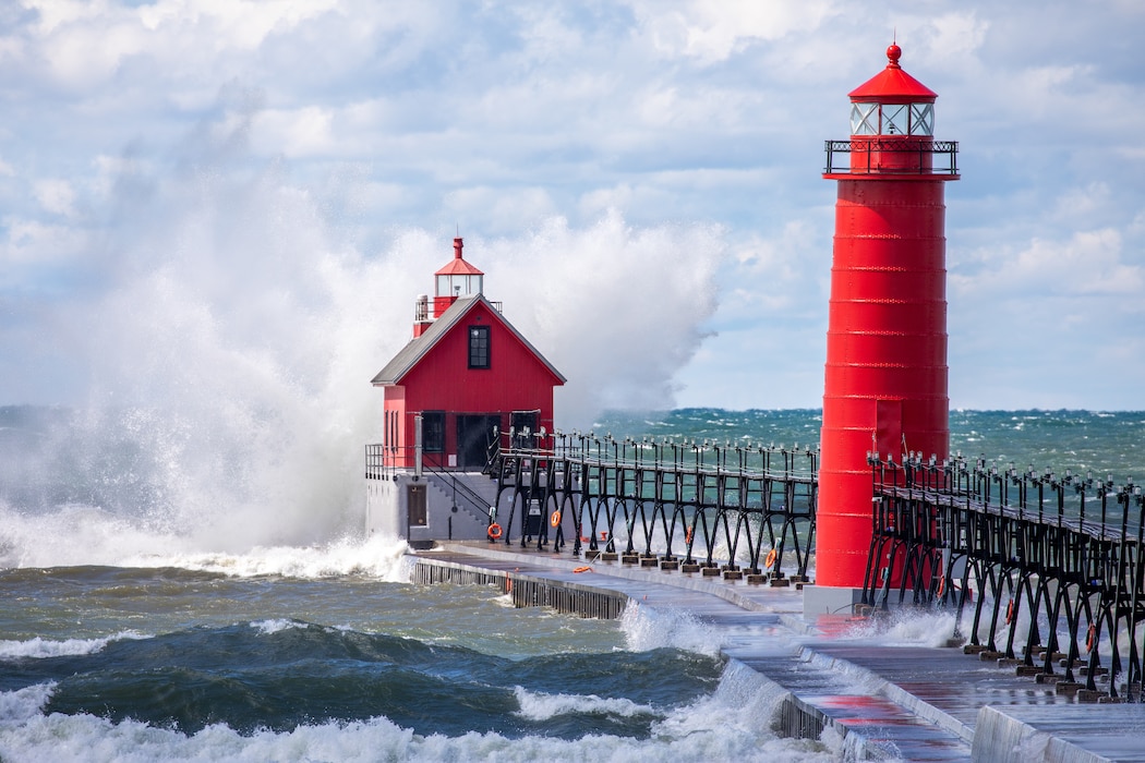 The U.S. Army Corps of Engineers will be conducting structural stabilization work at the Grand Haven south pierhead between July 9-13. The Grand Haven South Pier is seen during heavy Lake Michigan wave action in this September 5, 2025, file image. (U.S. Army Corps of Engineers photo by Brandon Hubbard.)