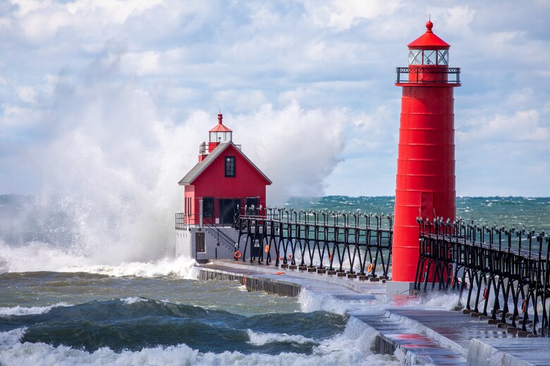The U.S. Army Corps of Engineers will be conducting structural stabilization work at the Grand Haven south pierhead between July 9-13. The Grand Haven South Pier is seen during heavy Lake Michigan wave action in this September 5, 2025, file image. (U.S. Army Corps of Engineers photo by Brandon Hubbard.)