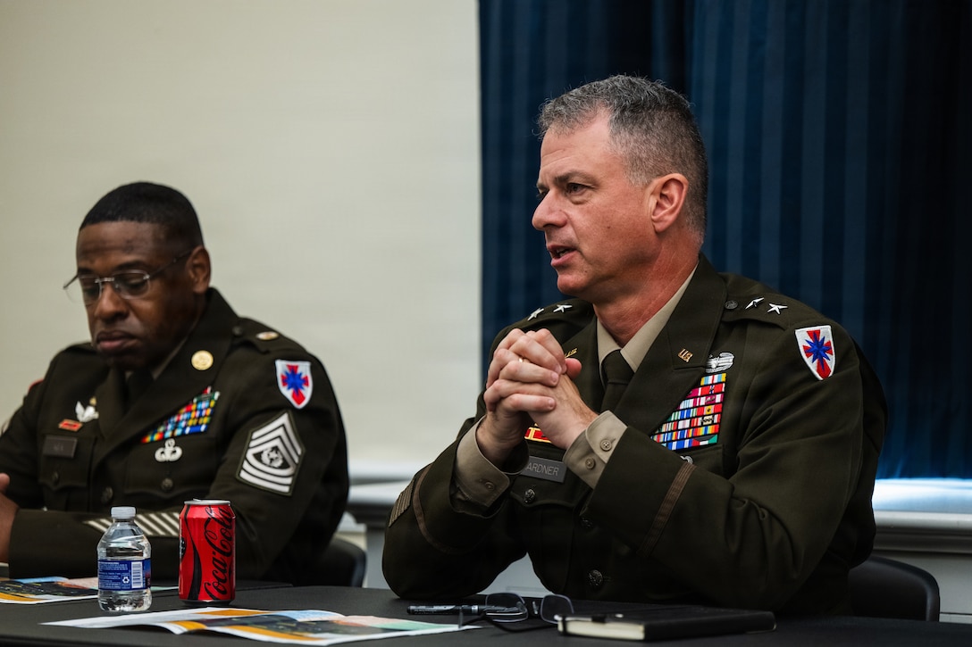 U.S. Army Maj. Gen. Gavin J. Gardner, commanding general, 8th Theater Sustainment Command, discusses the command’s transformation efforts during the Army Current Operations Engagement Tour (ACOET) at the Cannon House Office Building, Washington, D.C., June 25, 2026.