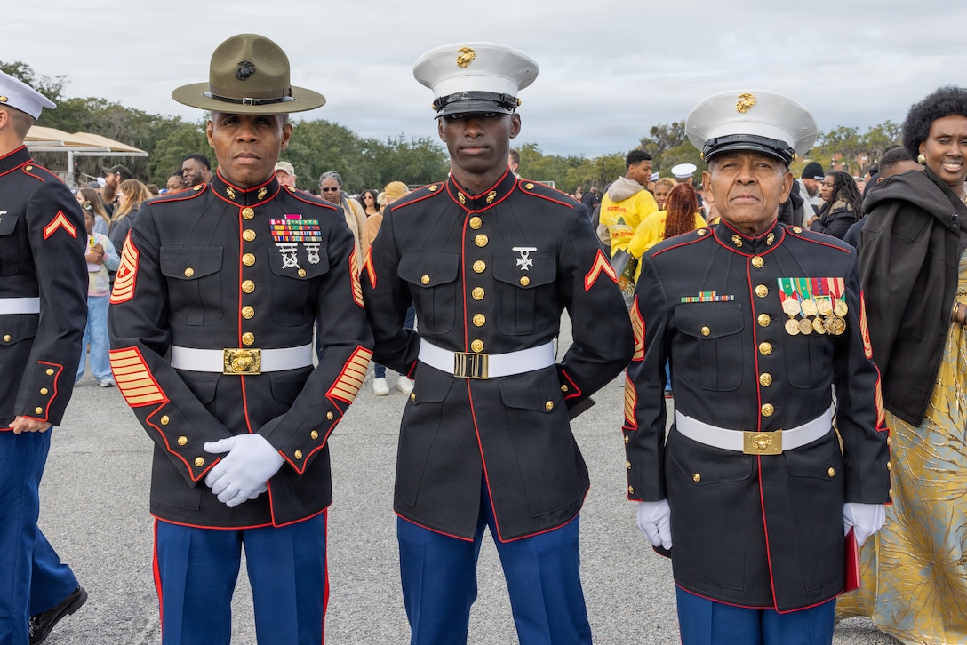 U.S. Marine Corps Pfc. Bienvenue Niyonkuru, a guide with Hotel Company, 2nd Recruit Training Battalion, graduates from training on Marine Corps Recruit Depot Parris Island, S.C. Jan 23, 2026. Niyonkuru completes training after coming back to Parris Island a second time after dealing with medical issues during his first time on the Depot. (U.S. Marine Corps photo by Lance Cpl. Ayden Cassano)