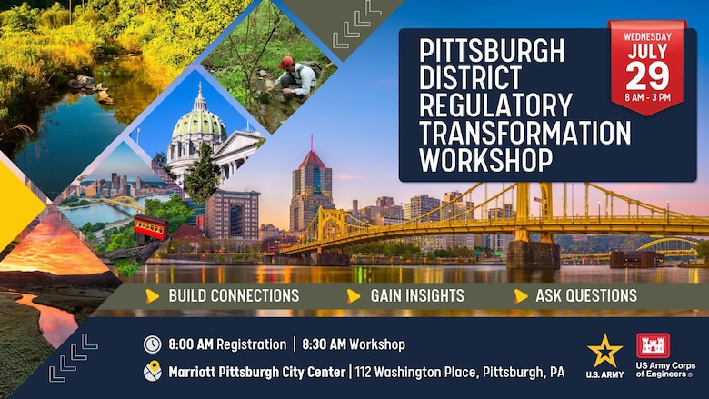Promotional graphic for Pittsburgh District Regulatory Transformation Workshop on July 29, 2026. Features Pittsburgh skyline with Fort Pitt Bridge and golden foliage. Text reads: Build Connections, Gain Insights, Ask Questions. Event details: 8:00 AM Registration, 8:30 AM Workshop. Location: Marriott Pittsburgh City Center, 112 Washington Place, Pittsburgh, PA.