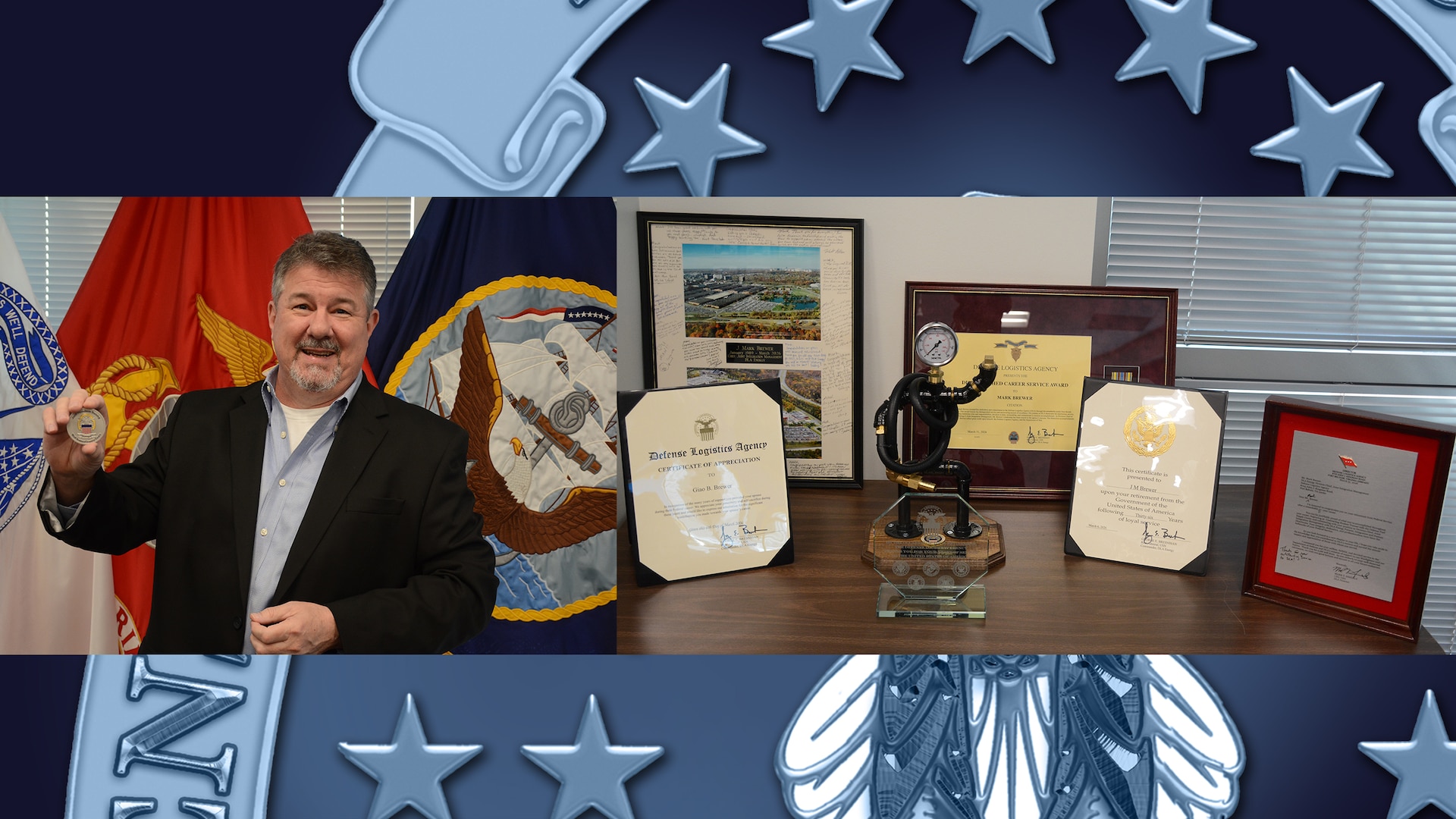 Mark Brewer is posed with his retirement awards.