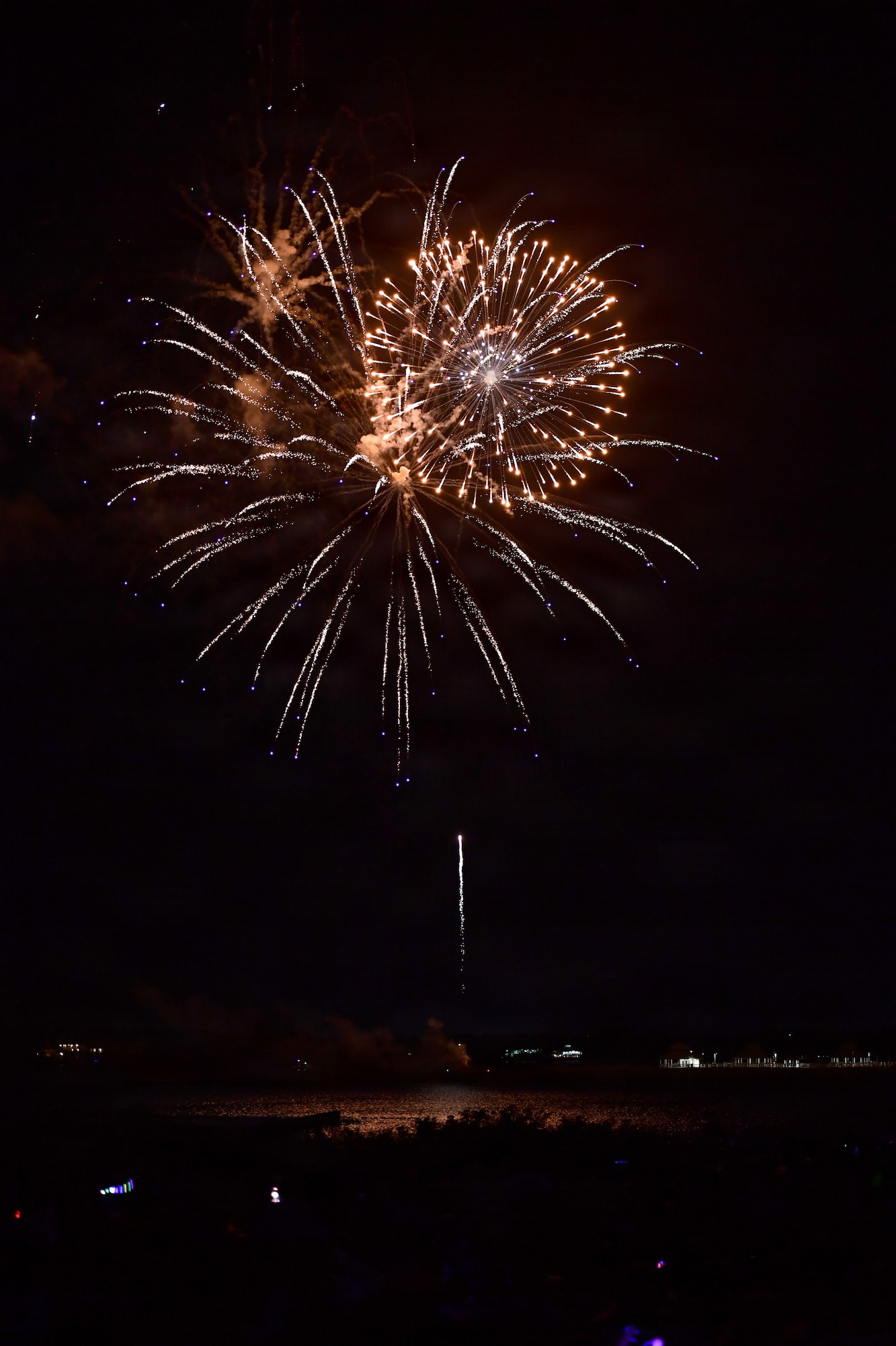 A firework breaks over a body of water.