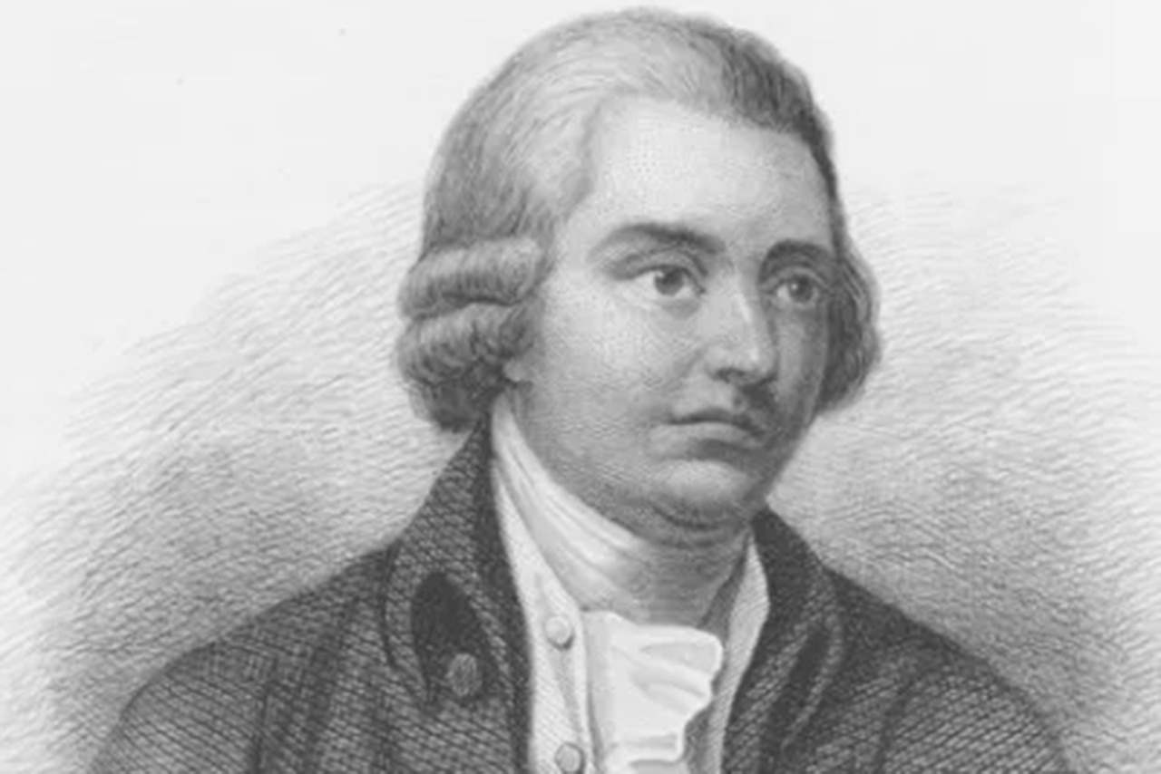 A black and white illustration of a man in colonial attire.
