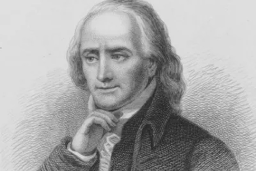 A black and white illustration of a man in colonial attire.