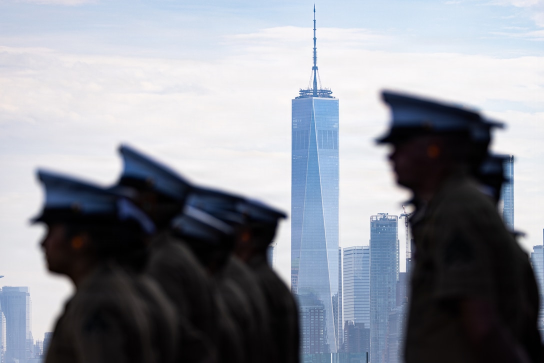 U.S. Marines with the Special Purpose Marine-Air Ground Task Force Sail 250, stand at parade rest as part of International Naval Review 250 in Manhattan, July 4, 2026. For 250 years, the U.S Navy and Marine Corps stood the watch – constant, unabated in mission, faithfully preventing crisis and resolute in defending America’s independence. INR 250 honors the Navy, Marine Corps, and Coast Guard’s enduring role on, under, and above the seas. (U.S. Marine Corps photo by Lance Cpl. Elijua Guel)