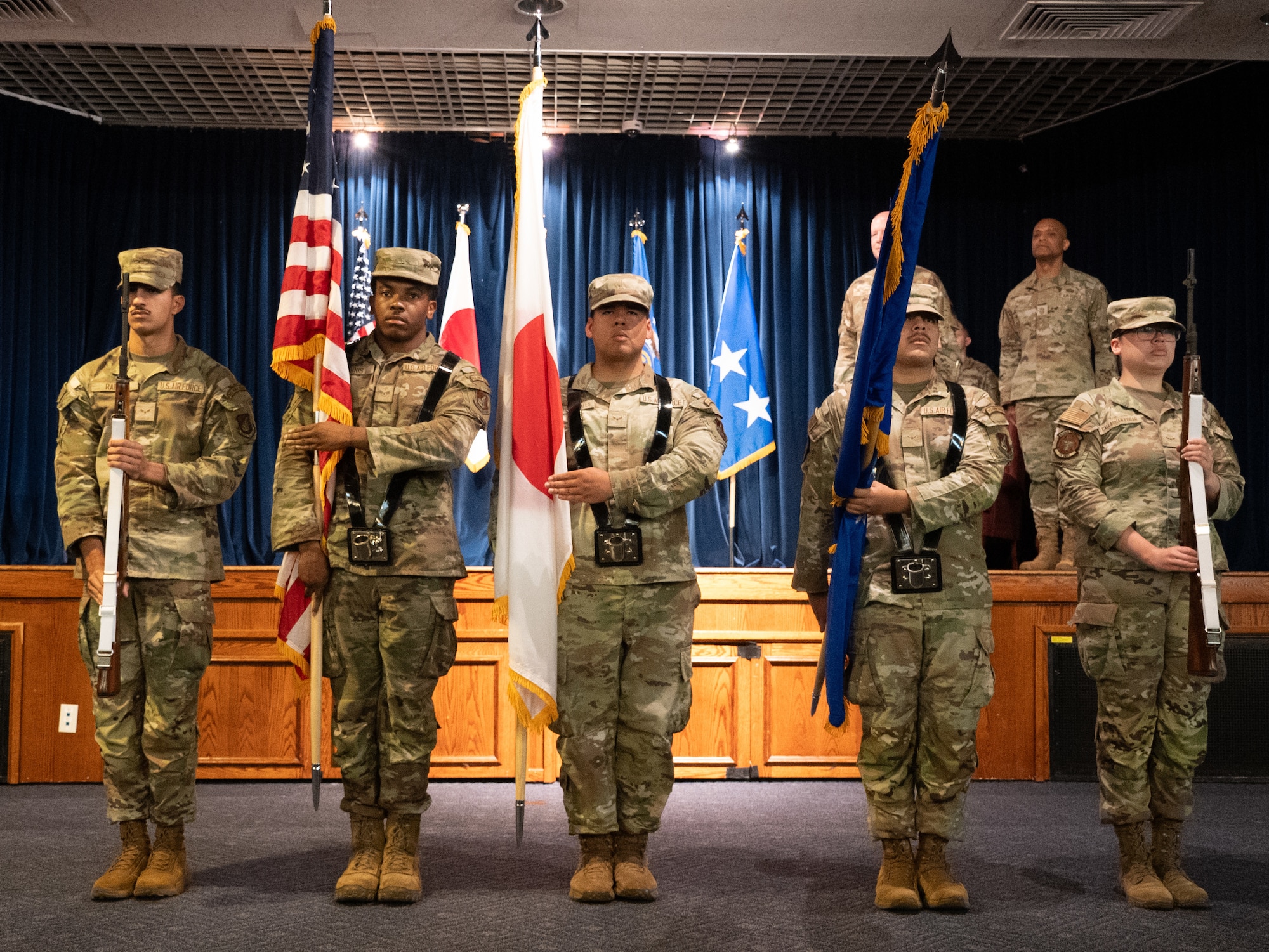 Chief Master Sergeant Andrew Small gives remarks after assumed responsibility as the command chief for 5th Air Force during an assumption of responsibility ceremony at the Yokota Enlisted Club on on July 7, 2026.