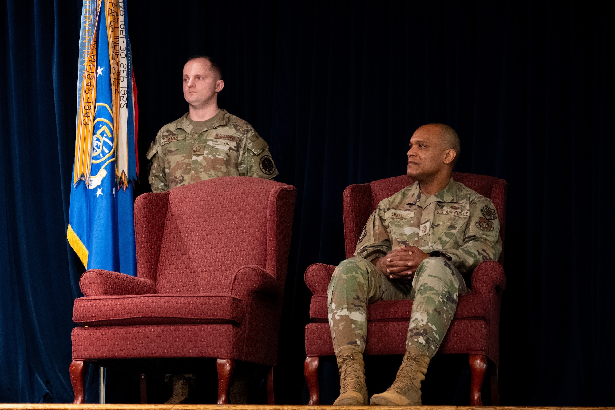 Chief Master Sergeant Andrew Small gives remarks after assumed responsibility as the command chief for 5th Air Force during an assumption of responsibility ceremony at the Yokota Enlisted Club on on July 7, 2026.