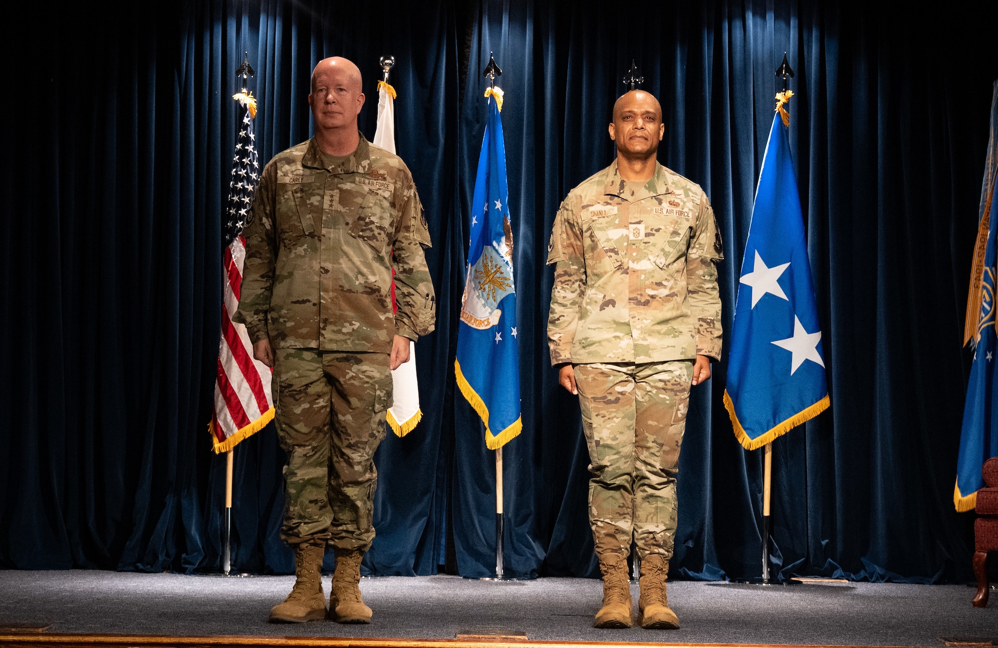 Chief Master Sergeant Andrew Small gives remarks after assumed responsibility as the command chief for 5th Air Force during an assumption of responsibility ceremony at the Yokota Enlisted Club on on July 7, 2026.