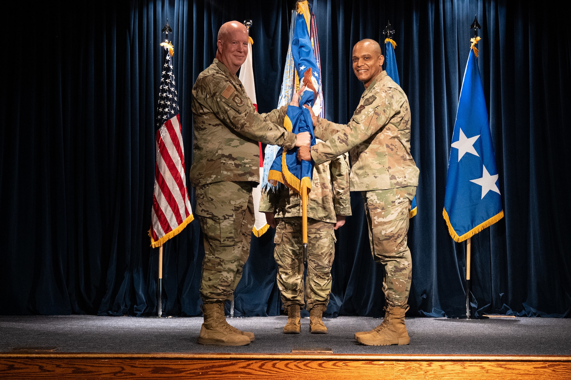 Chief Master Sergeant Andrew Small gives remarks after assumed responsibility as the command chief for 5th Air Force during an assumption of responsibility ceremony at the Yokota Enlisted Club on on July 7, 2026.