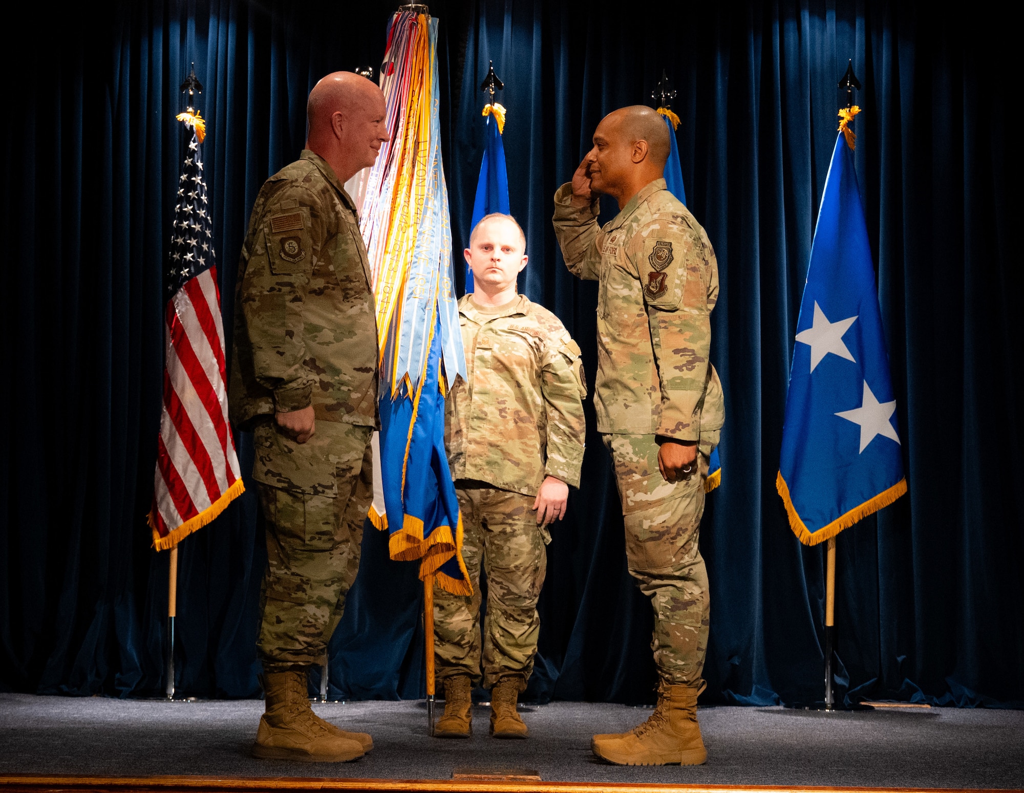 Chief Master Sergeant Andrew Small gives remarks after assumed responsibility as the command chief for 5th Air Force during an assumption of responsibility ceremony at the Yokota Enlisted Club on on July 7, 2026.