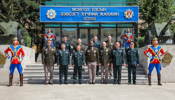 U.S. Army Gen. Xavier T. Brunson and Mongolian Armed Forces Lt. Gen. Sunrev Ganbyamba pose with senior U.S. and Mongolian military leaders in Ulaanbaatar, Mongolia.