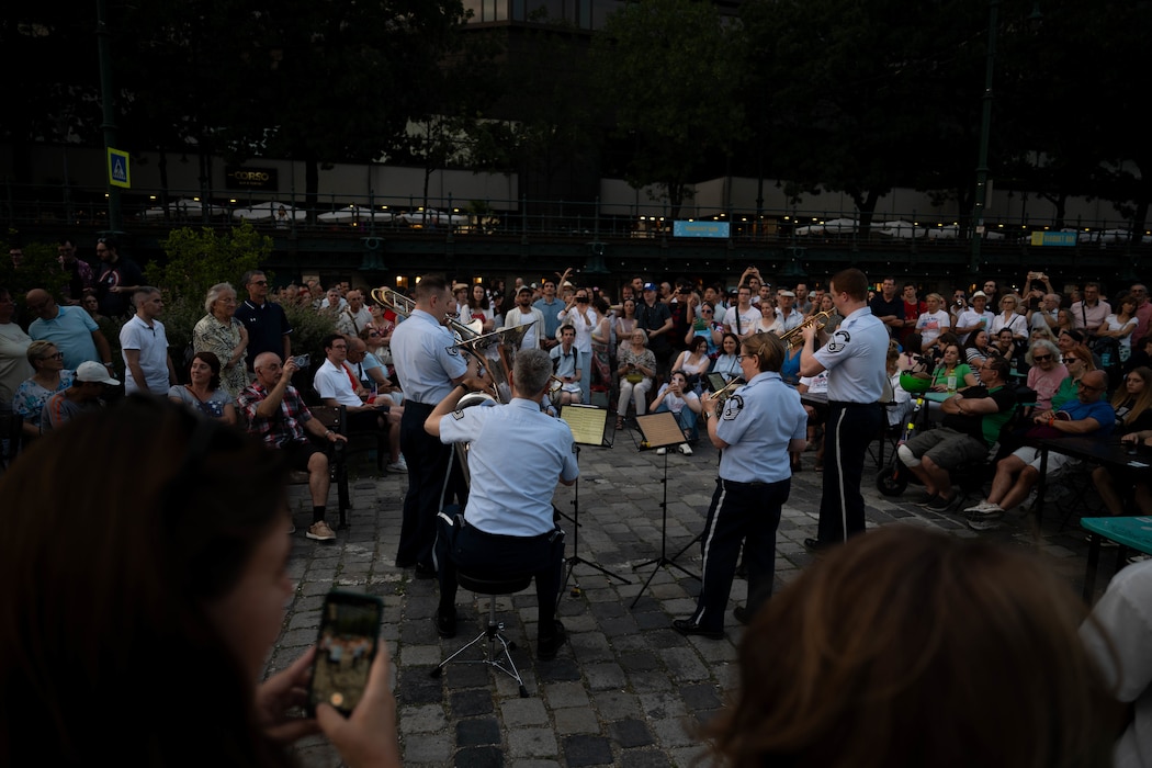 The United States Air Forces in Europe and Air Forces Africa, Five Star Brass Band plays the final concert of their Freedom 250 tour for a Hungarian and American crowd in Budapest, July 5, 2026.