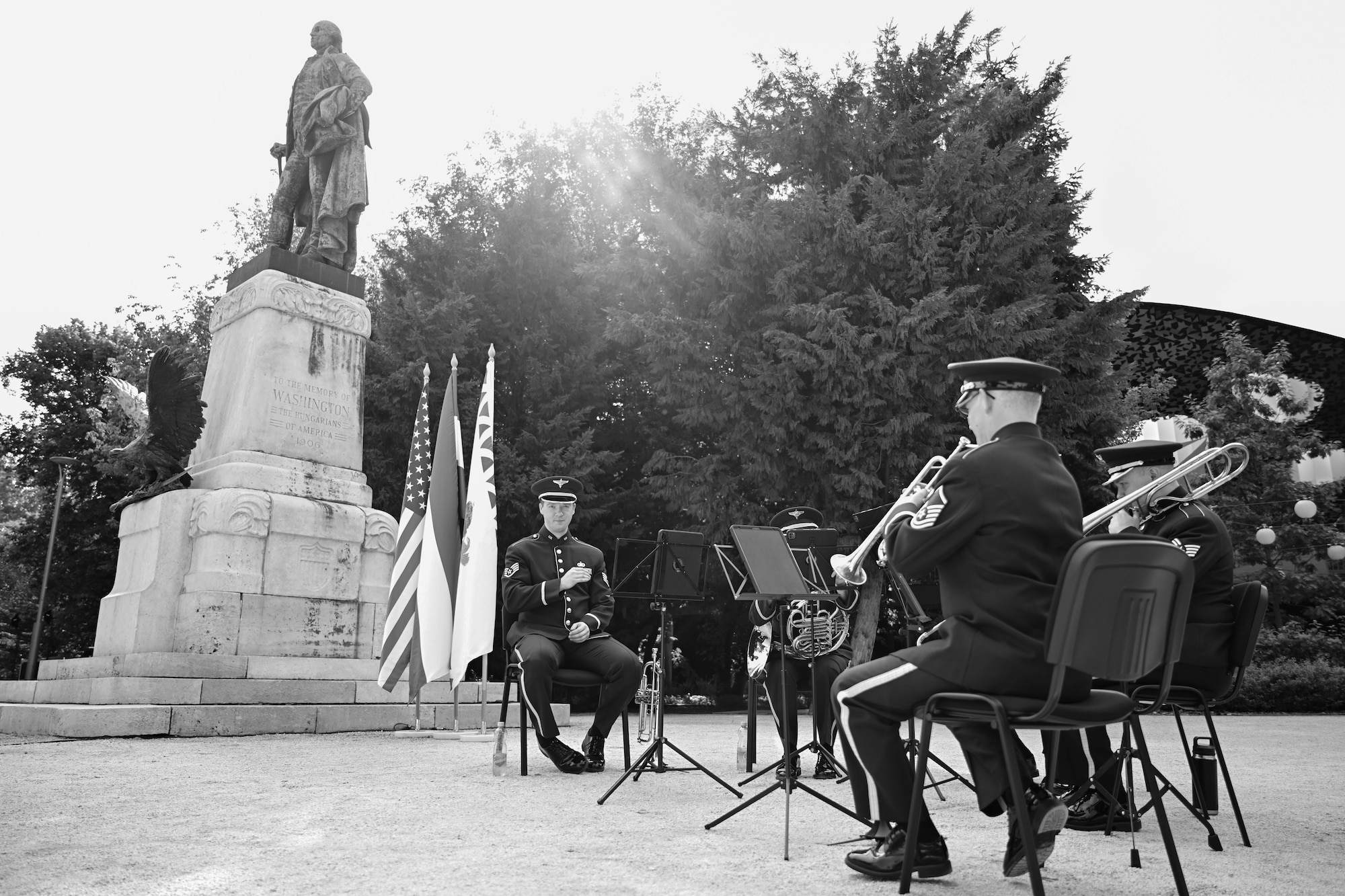 Bandsmen from the Unites States Air Forces in Europe, Air Forces Africa, Five Star Brass Band play music at the George Washington Memorial in Budapest, July 1, 2026, during an event to commemorate the longstanding relationship between the United States and Hungary.