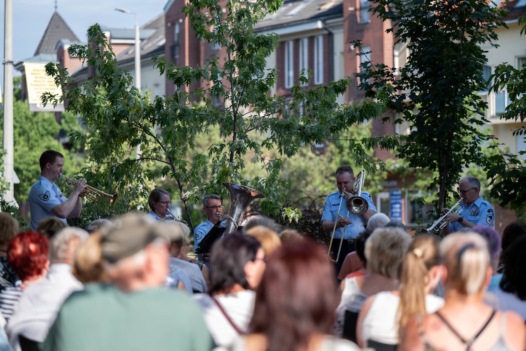 The United States Air Forces in Europe and Air Forces Africa, Five Star Brass Band plays music for a local crowd, as part of an event commemorating America's 250th birthday anniversary during Freedom 250 in Debrecen, Hungary, July 3, 2026.