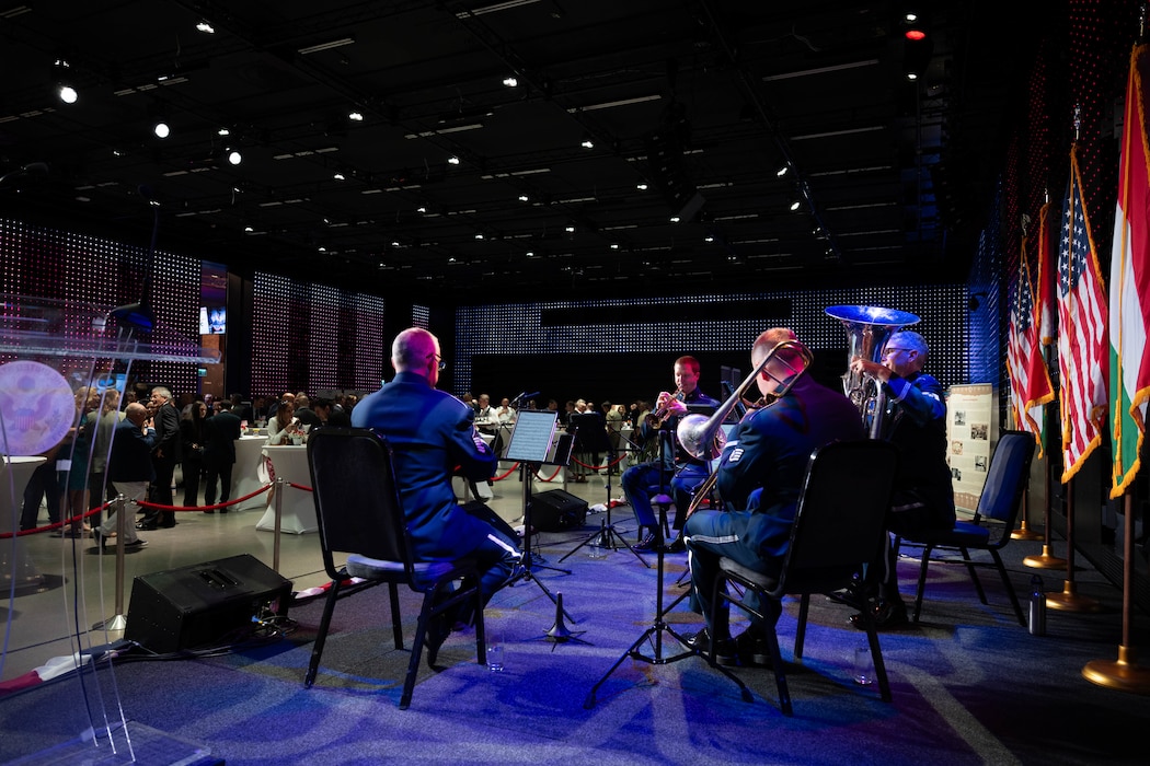 U.S. Bandsmen from the United States Air Forces in Europe, Air Forces Africa, Five Star Brass Band play music during a Freedom 250 commemoration event in Budapest, July2, 2026.