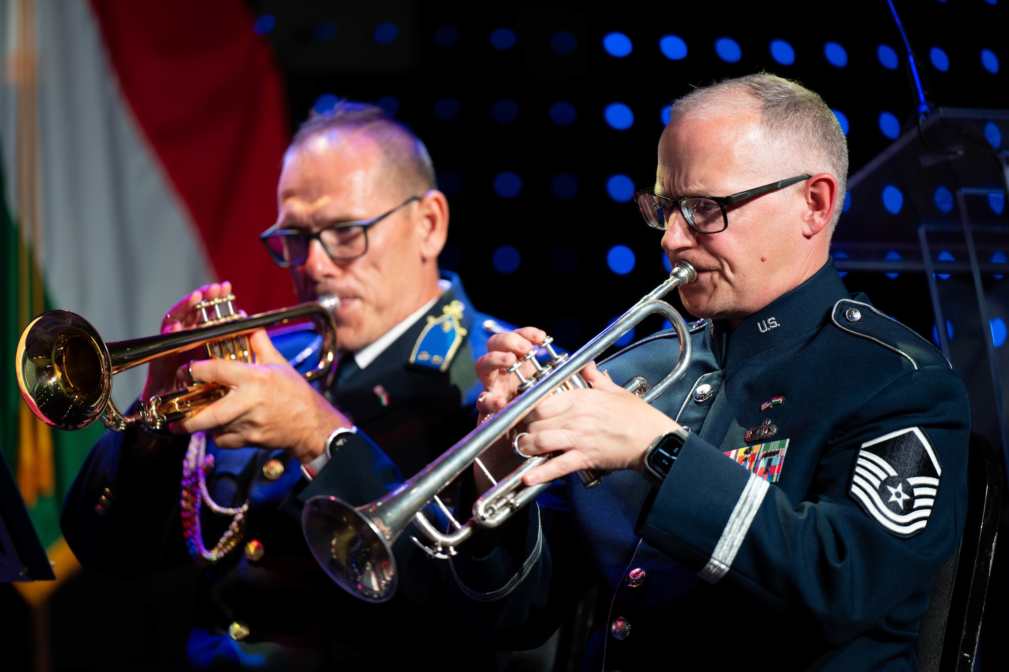 U.S. Air Force Master Sgt. Matthew Kirkpatrick, United States Air Forces in Europe, Air Forces Africa, Bandsmen performs with the Hungarian Riot Police band during a Freedom 250 event in Budapest, July 2, 2026.