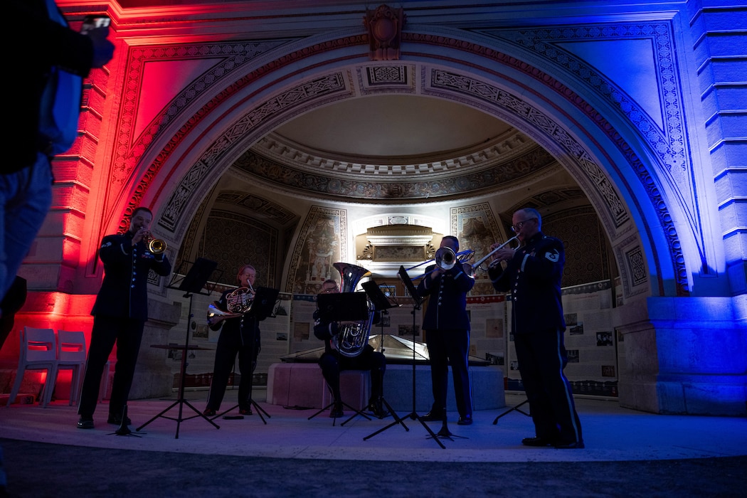 U.S. Bandsmen from the United States Air Forces in Europe, Air Forces Africa, Five Star Brass Band play music during a Freedom 250 commemoration event at the Varkert Bazaar Garden in Budapest, July 2, 2026.