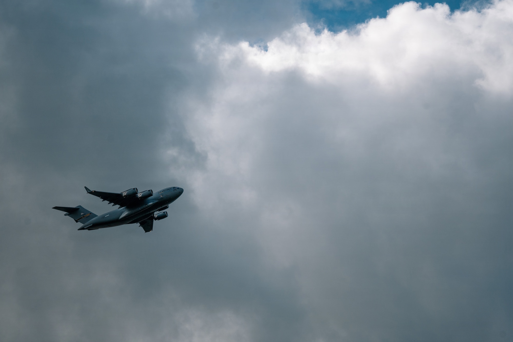 A U.S. Air Force C-17 Globemaster III aircraft assigned to 911th Airlift Wing at Pittsburgh Air Reserve Station flies over Ramstein Air Base, Germany, June 5, 2026.