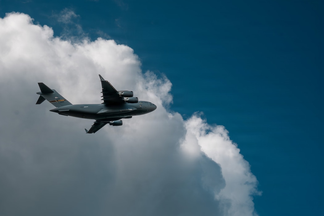 A U.S. Air Force C-17 Globemaster III aircraft assigned to 911th Airlift Wing at Pittsburgh Air Reserve Station flies over Ramstein Air Base, Germany, June 5, 2026.