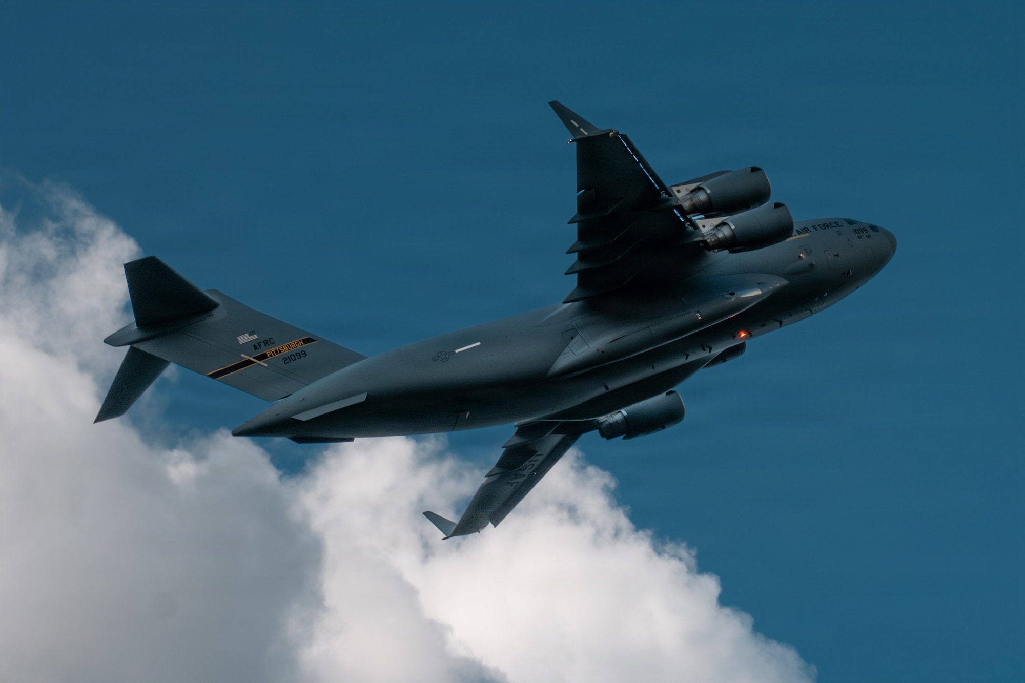 A U.S. Air Force C-17 Globemaster III aircraft assigned to 911th Airlift Wing at Pittsburgh Air Reserve Station flies over Ramstein Air Base, Germany, June 5, 2026. The aircraft joined the Air Force’s fleet in 1993, and since has expanded capabilities to support aeromedical evacuations and various contingencies operations.