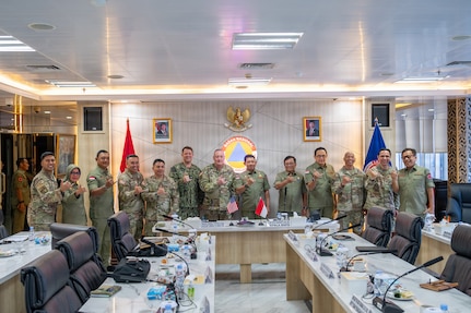 Lt. Gen. TNI Dr. Suharyanto, head of Indonesia's National Disaster Management Agency (BNPB), delivers a disaster management briefing to representatives from U.S. Indo-Pacific Command, the Hawaiʻi National Guard and Indonesian government agencies at BNPB headquarters in Jakarta, Indonesia, June 11, 2026.