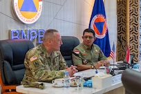 U.S. Army Maj. Gen. Stephen F. Logan (left), adjutant general of Hawaiʻi, meets with Lt. Gen. TNI Dr. Suharyanto, head of Indonesia’s National Disaster Management Agency (BNPB), during a key leader engagement at BNPB headquarters in Jakarta, Indonesia, June 11, 2026.